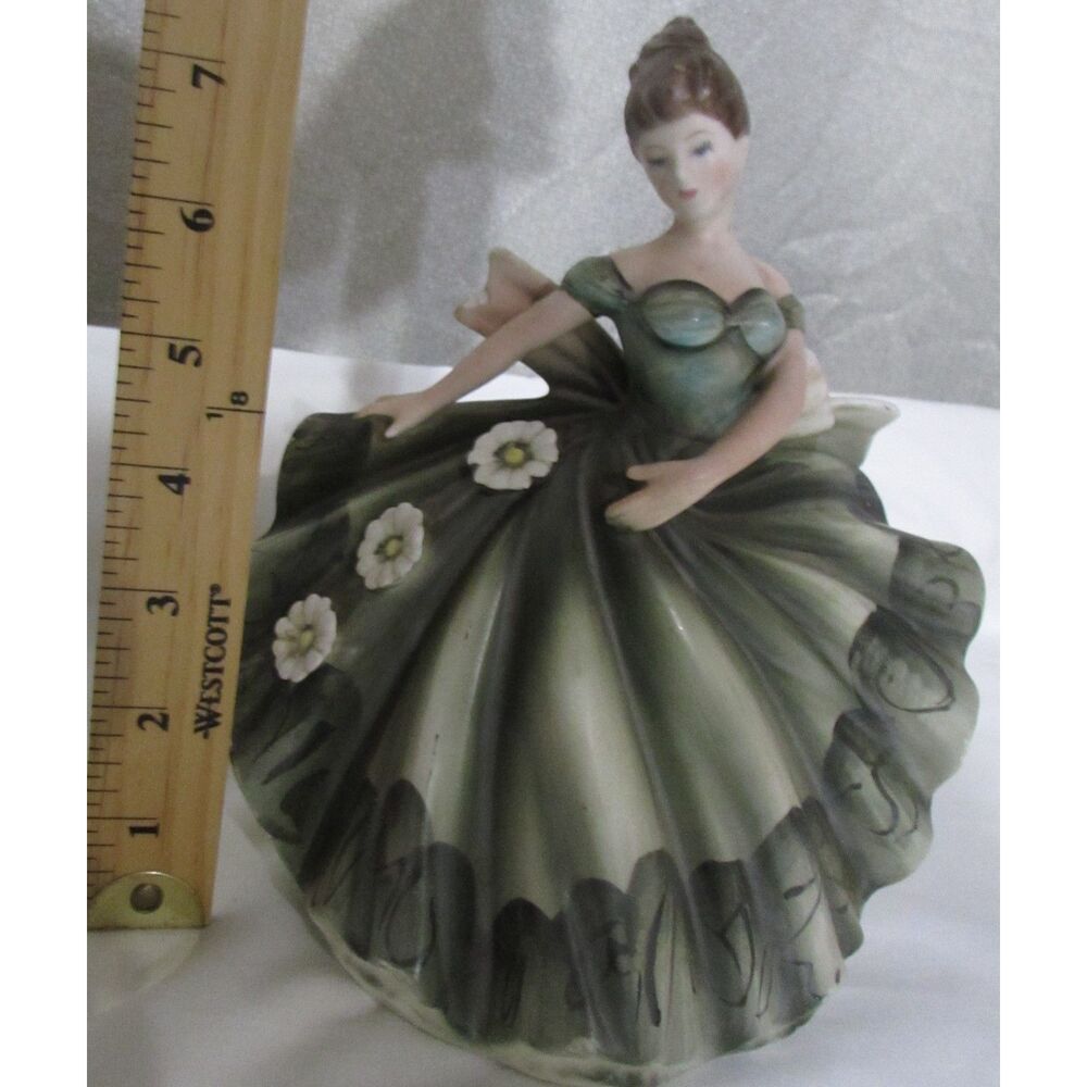 Vintage Lefton green dress lady girl planter brown hair twirling swirling flower - Picture 13 of 14